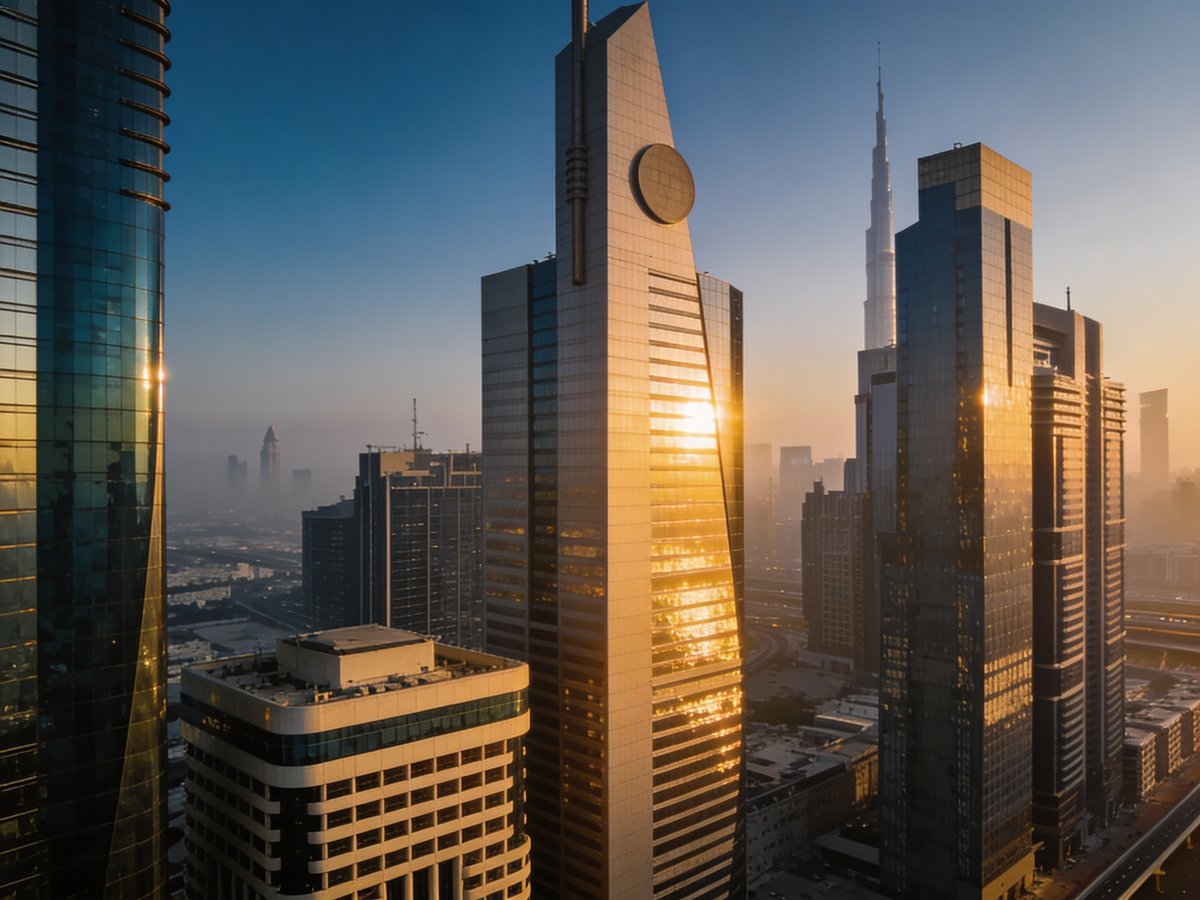 Dubai Sheikh Zayed Road skyline at golden hour